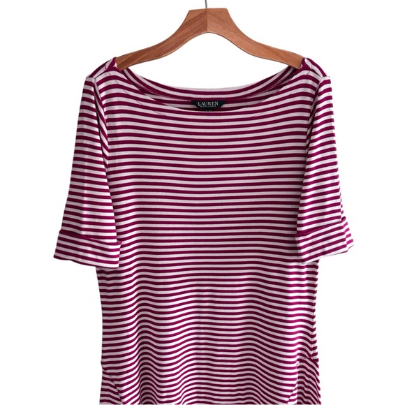LAUREN RALPH LAUREN Striped Stretch Cotton Midi Size Xl Pink Fit & Flare - Picture 3 of 11